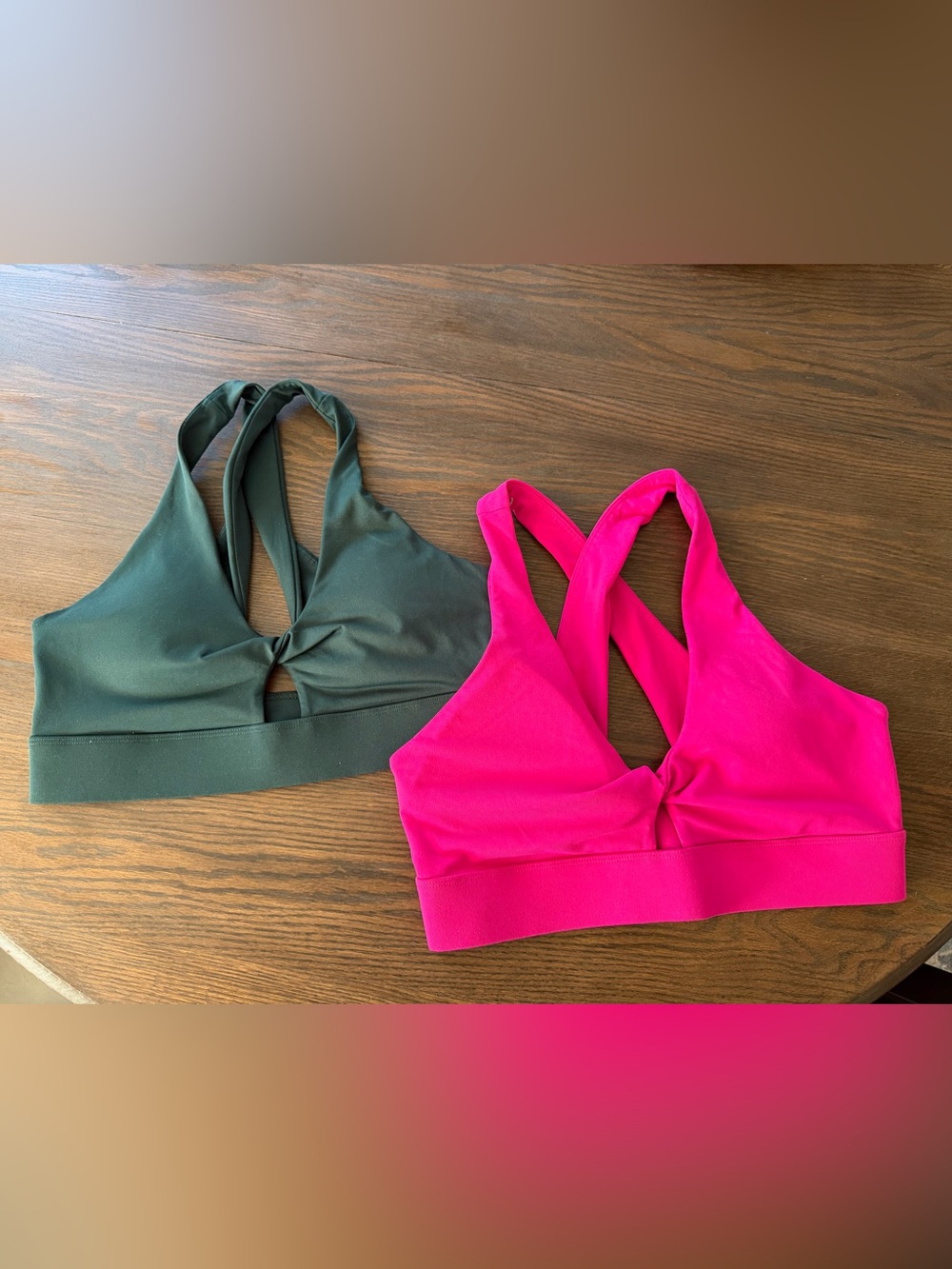 Twist Front Sports Bralettes - Dark Green & Hot Pink